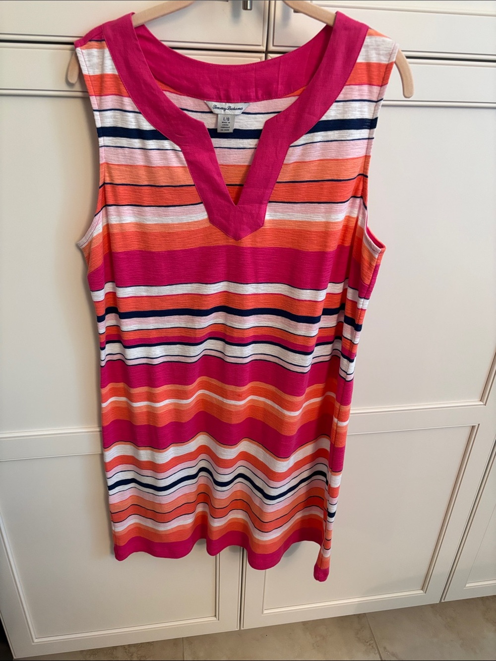 Tommy Bahama Pink, Orange & Navy Striped V-Notch Tank dress. L